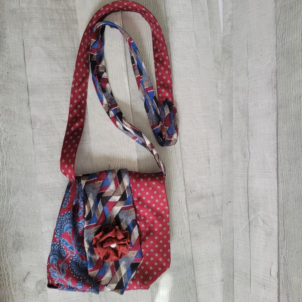 Upcycled Handmade Tie Crossbody Bag With Geometric Patterns & Floral Accent